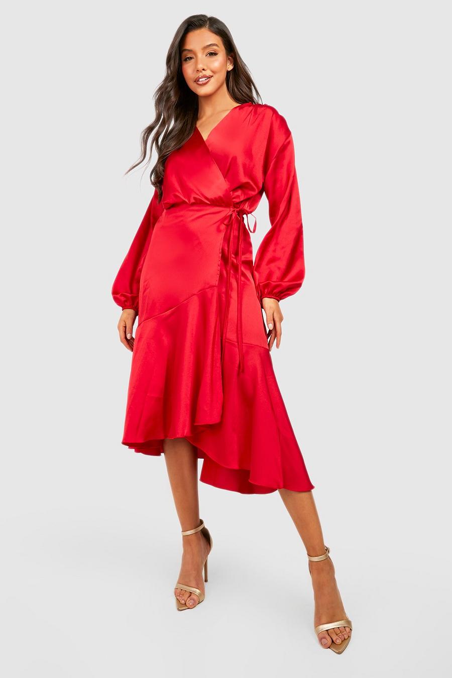 Red Satin Wrap Ruffle Long Sleeve Midi Dress image number 1