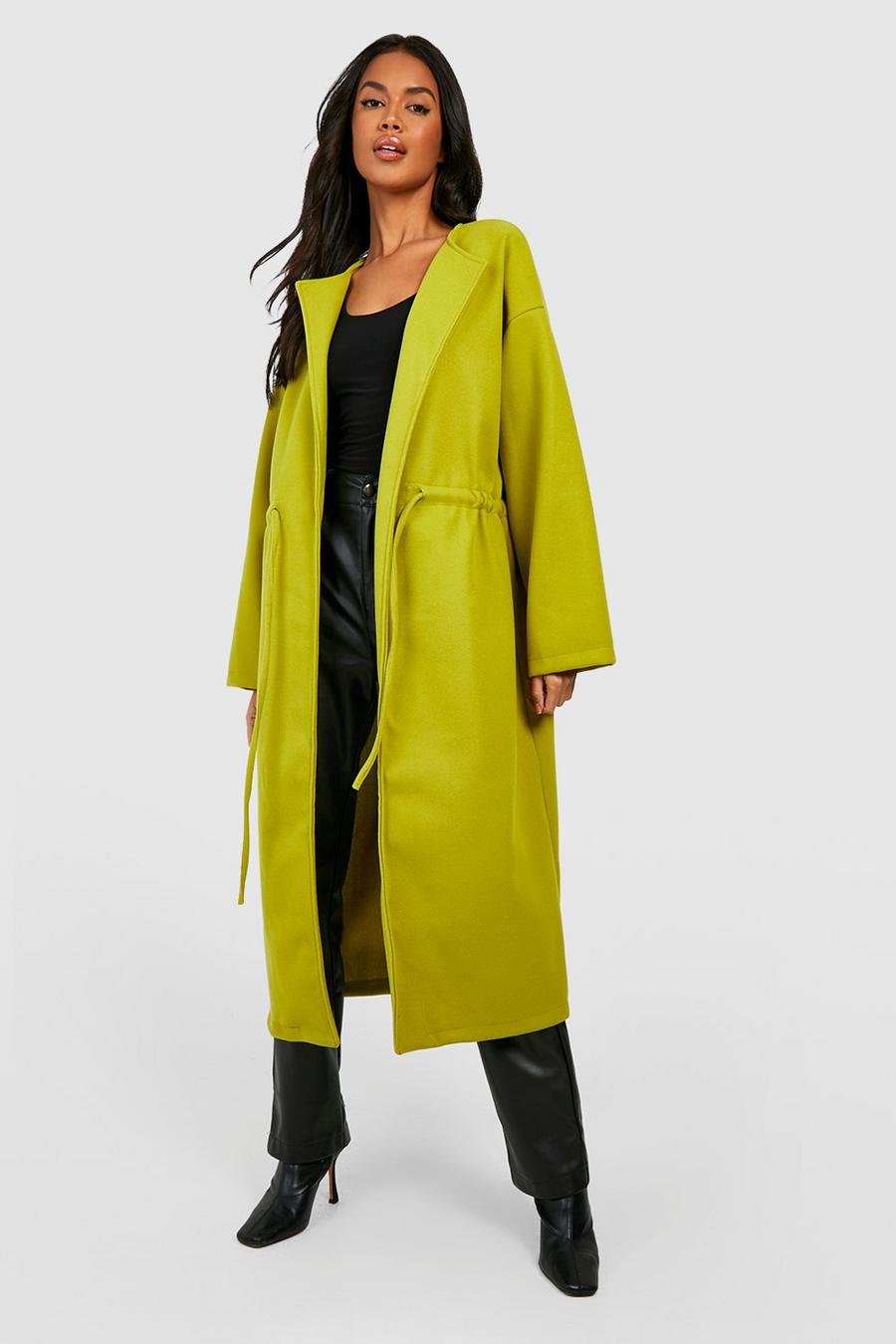 Green Collarless Belted Wool Coat image number 1