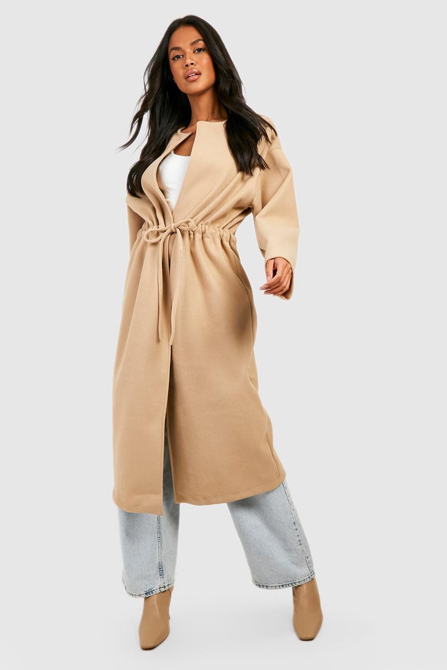 Stone Collarless Belted Wool Coat image number 1
