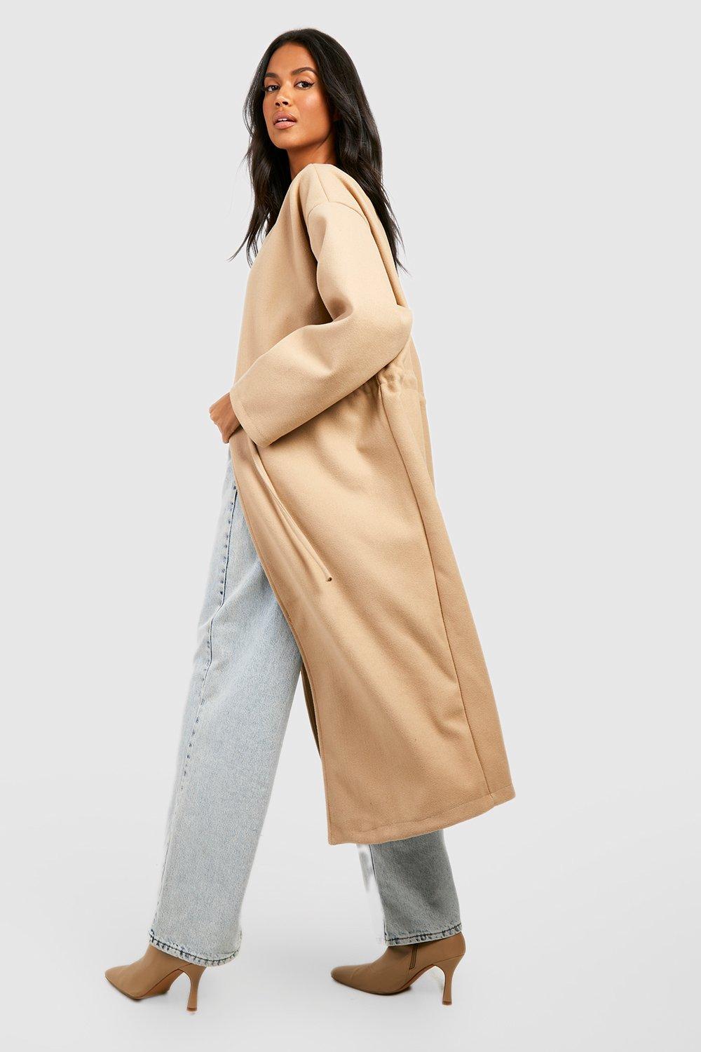 Collarless Belted Wool Coat