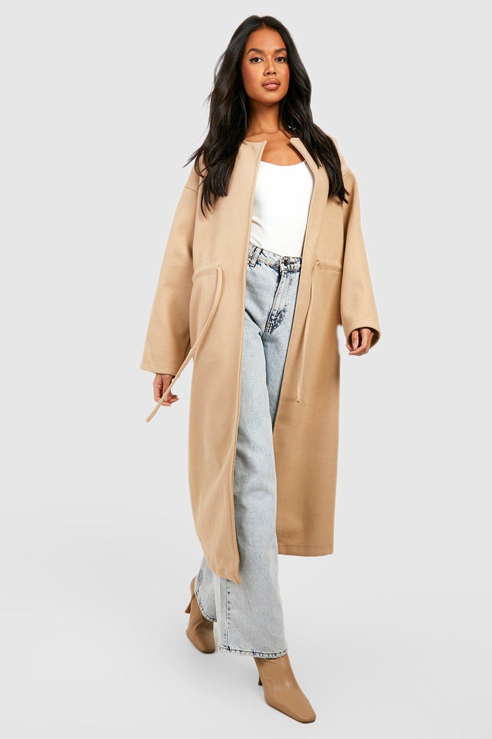 Collarless Belted Wool Coat