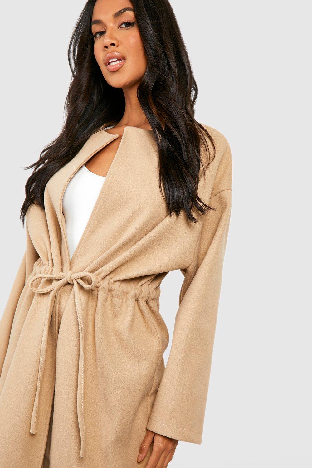 Collarless Belted Wool Coat