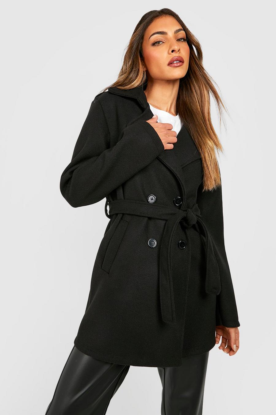 Black Belted Wool Look Trench Coat