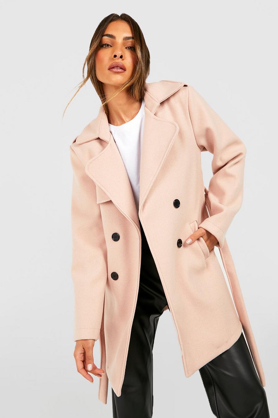Dusky pink Belted Wool Look Trench Coat image number 1
