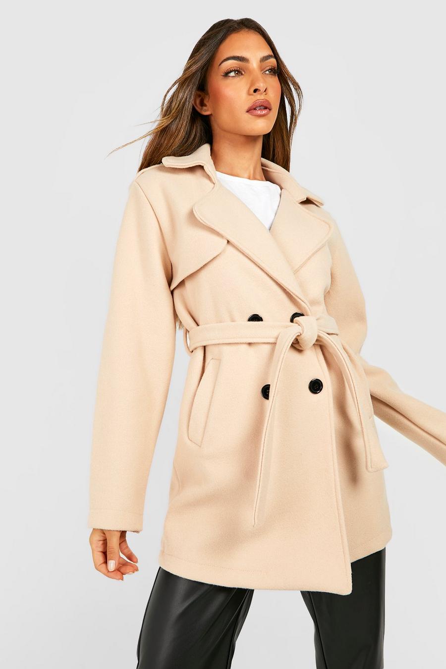 Stone beige Belted Wool Look Trench Coat