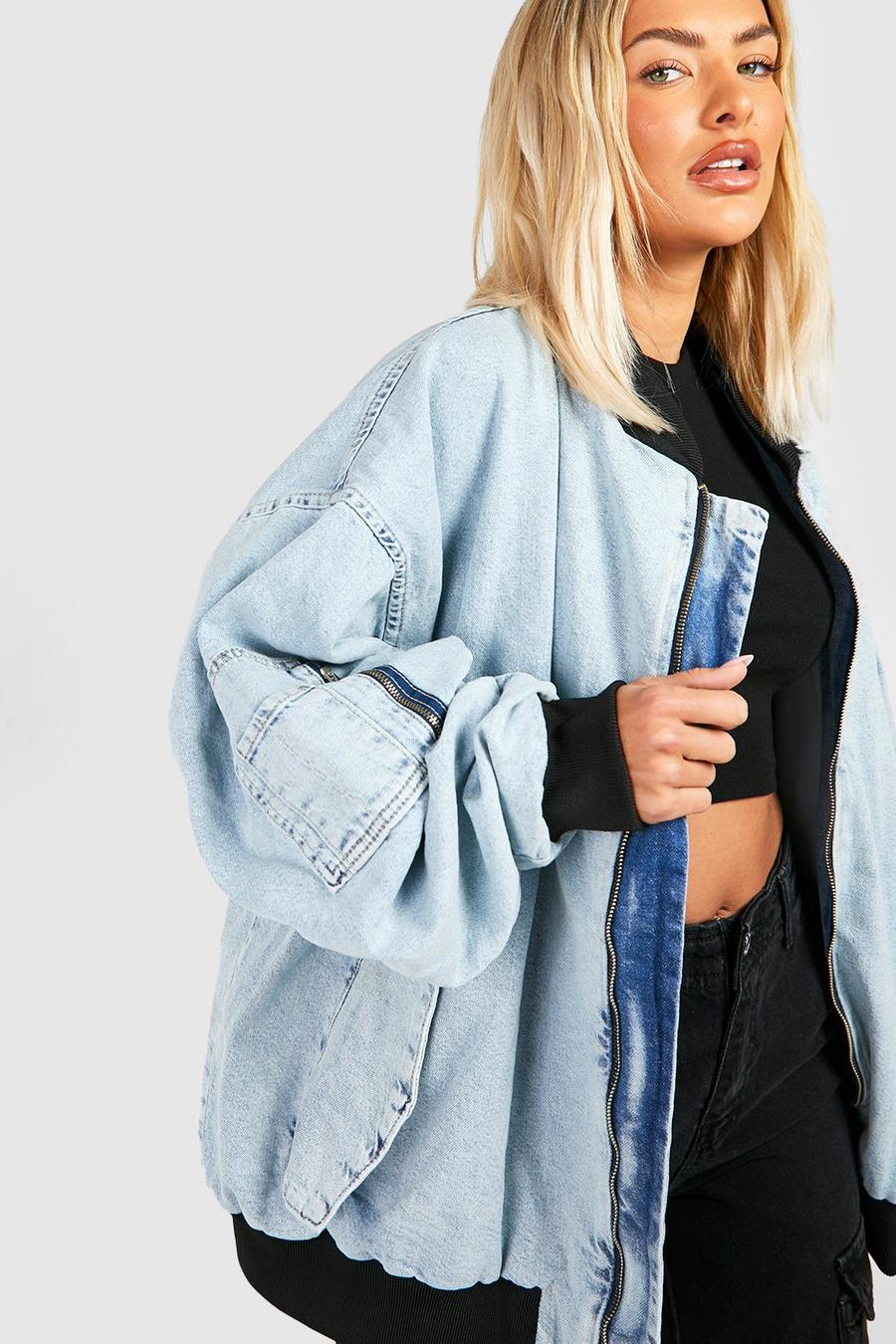 Giacca Bomber oversize in denim MA1 con ruches sulle maniche, Light blue image number 1