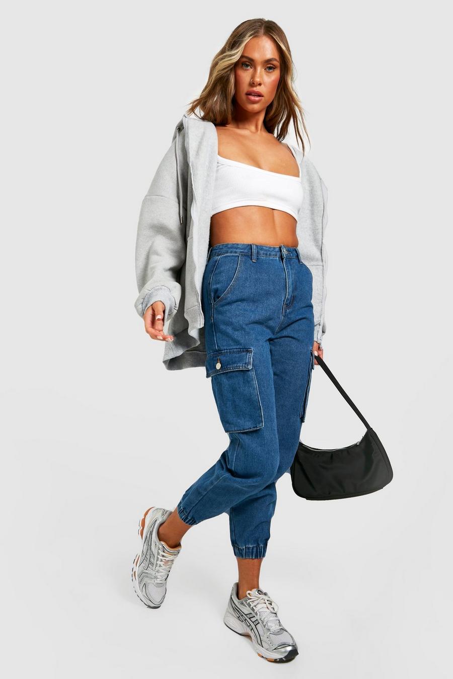 Mid wash blue Petite High Waisted Denim Cargo Joggers image number 1