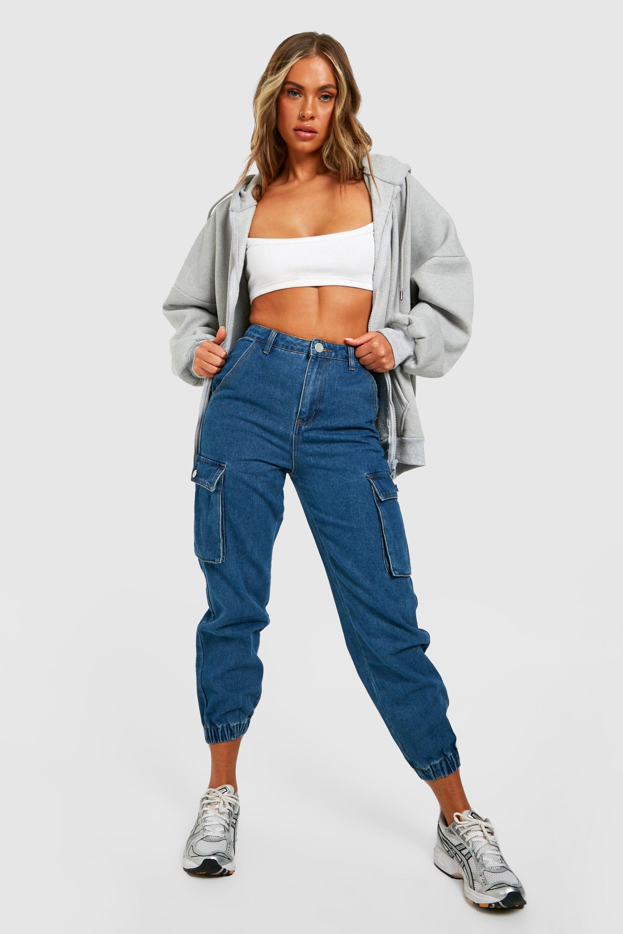 Pantalones Blanco Joggers Tiro Alto De Mujer Cargo Mezclilla