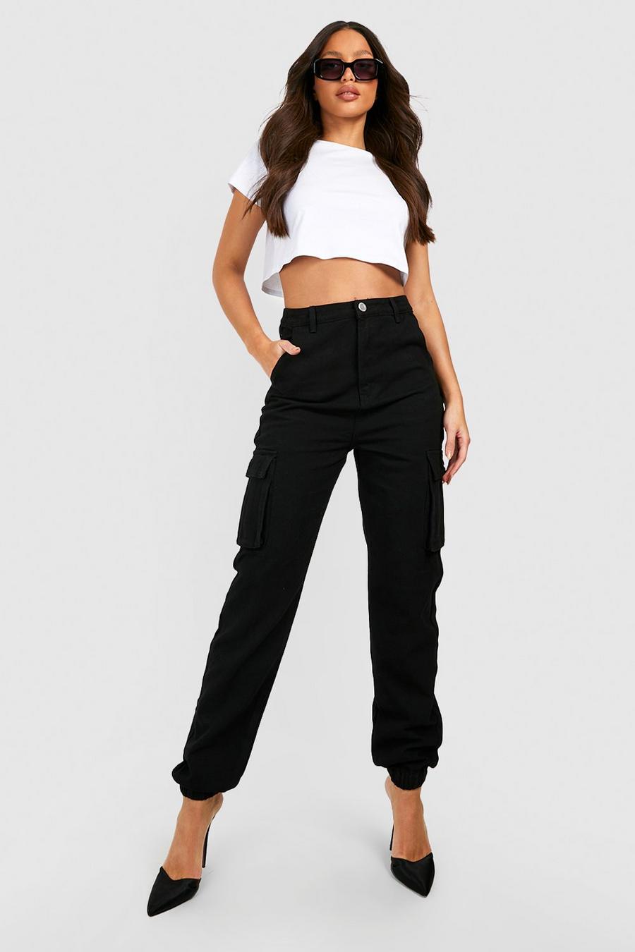 שחור מכנסי טרנינג דגמ"ח מבד ג'ינס בגזרה גבוהה, לנשים גבוהות image number 1