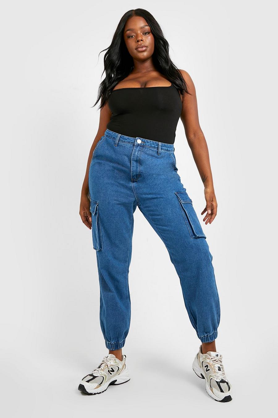 Mid wash Plus High Waisted Denim Cargo Joggers image number 1