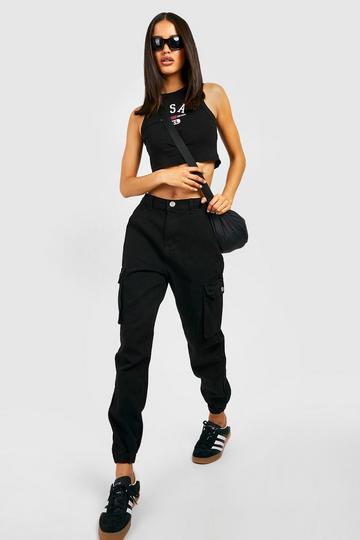 High Waisted Denim Cargo Joggers black