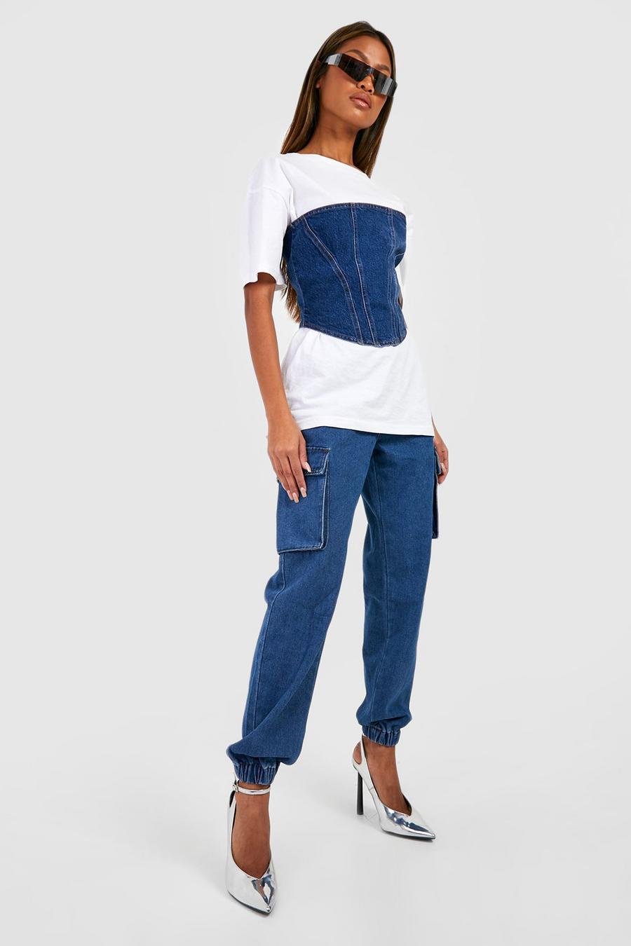 Mid wash High Waisted Denim Cargo Joggers image number 1