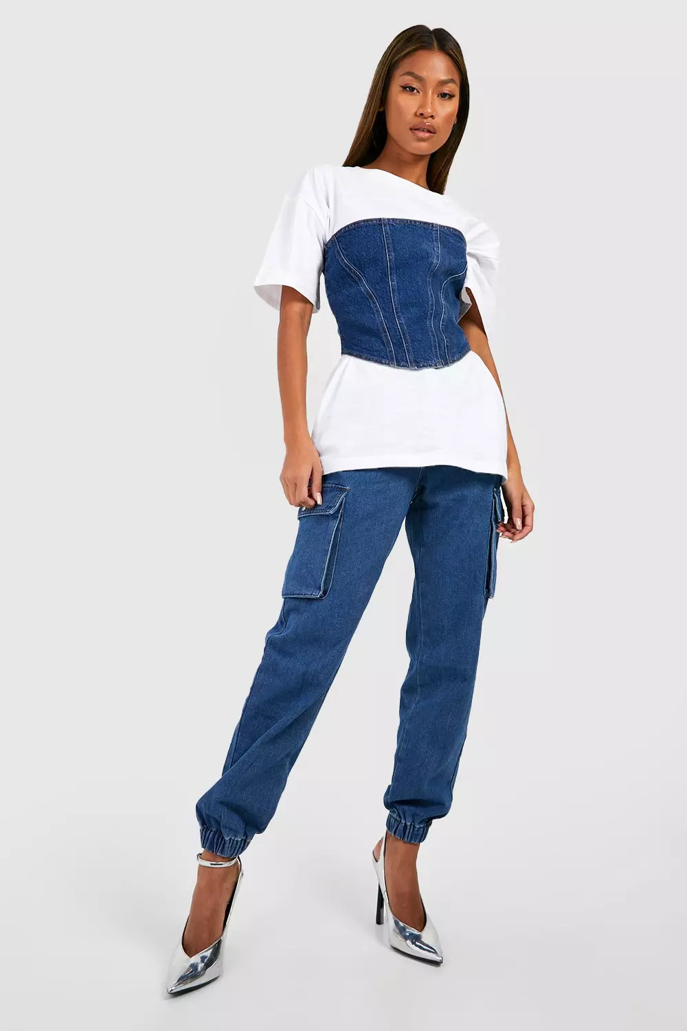 Mid wash High Waisted Denim Cargo Jogger Jeans alternative image