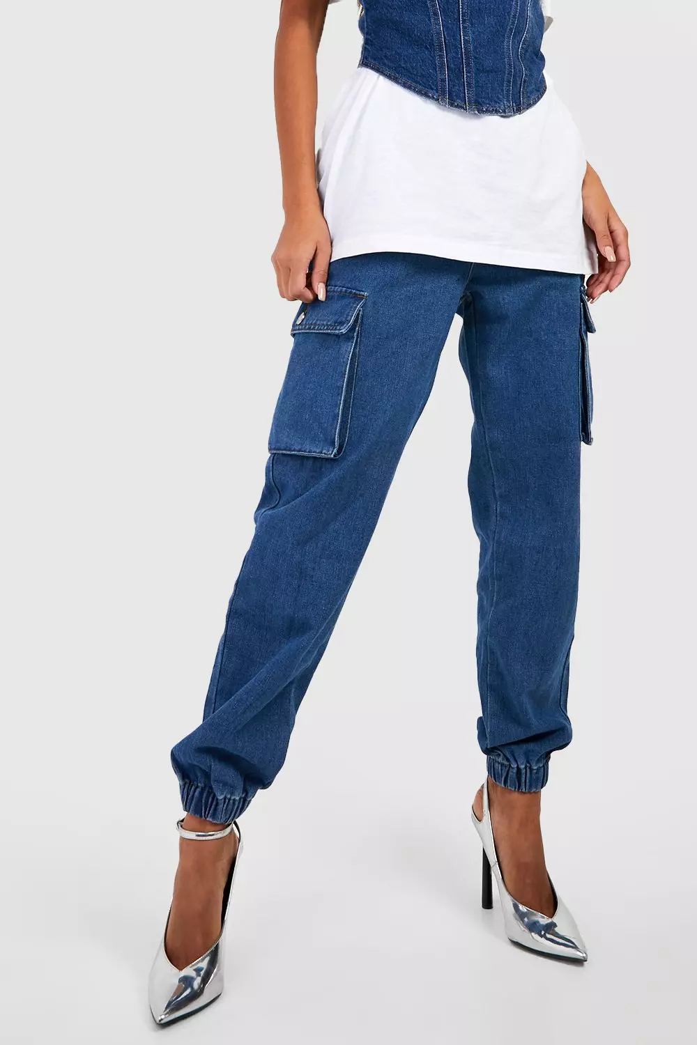 Mid wash High Waisted Denim Cargo Jogger Jeans alternative image