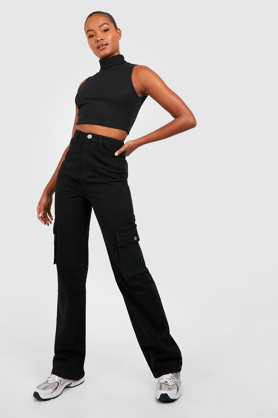Black Tall High Waisted Straight Fit Cargo Jeans image number 1