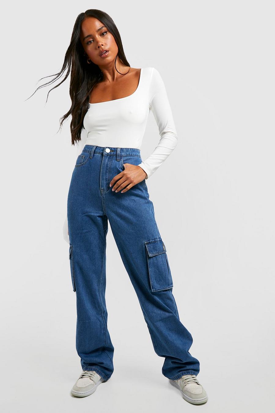 Mid wash Petite High Waisted Straight Fit Cargo Jeans image number 1