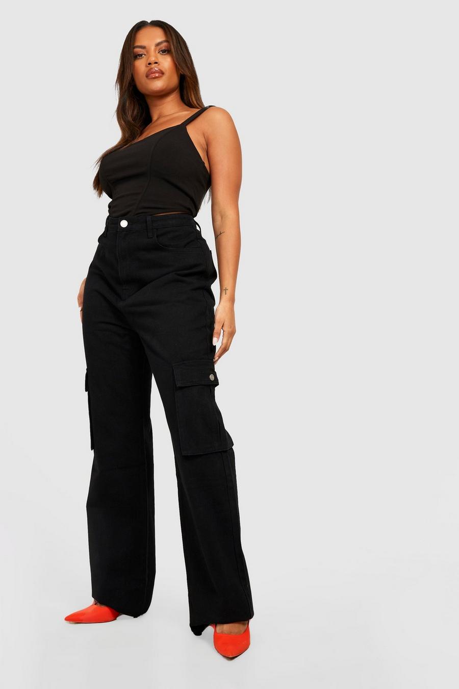 Black Plus High Waisted Straight Fit Cargo Jeans image number 1