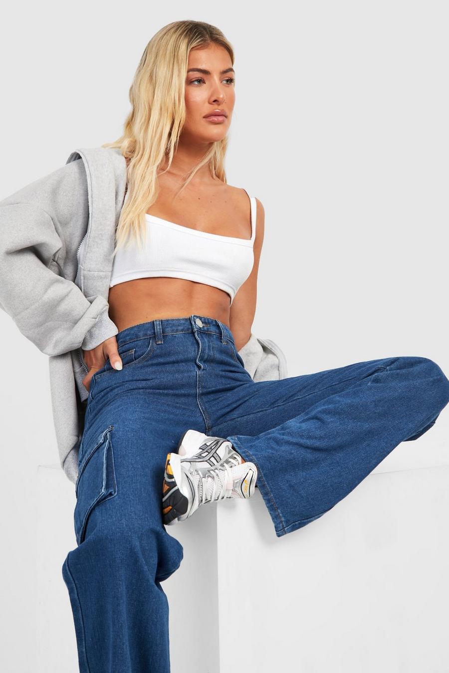 Mid wash blå High Waisted Straight Fit Cargo Jeans