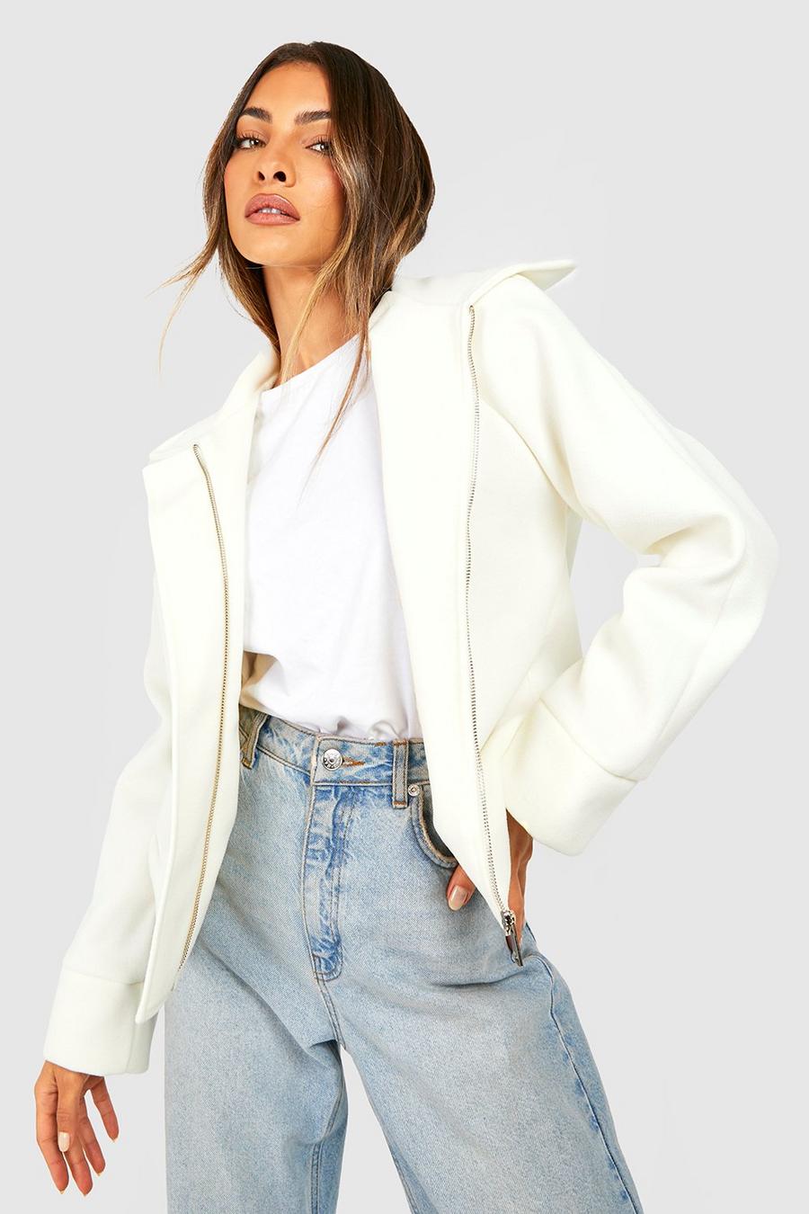 Ecru white Wool Look Zip Detail Jacket