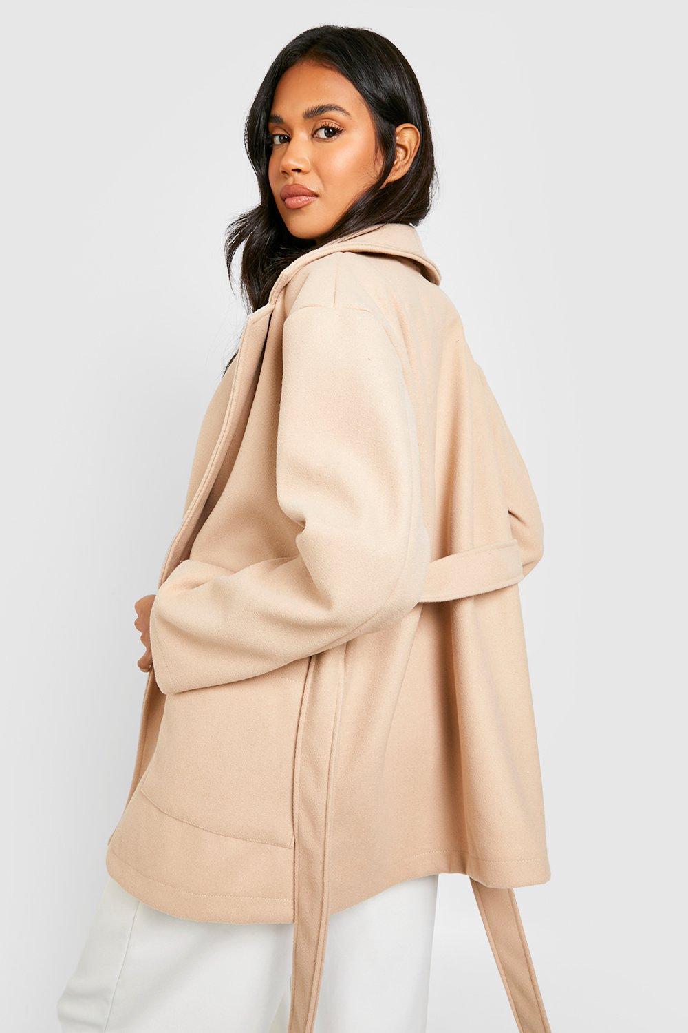 Boohoo hooded wool look belted coat on sale