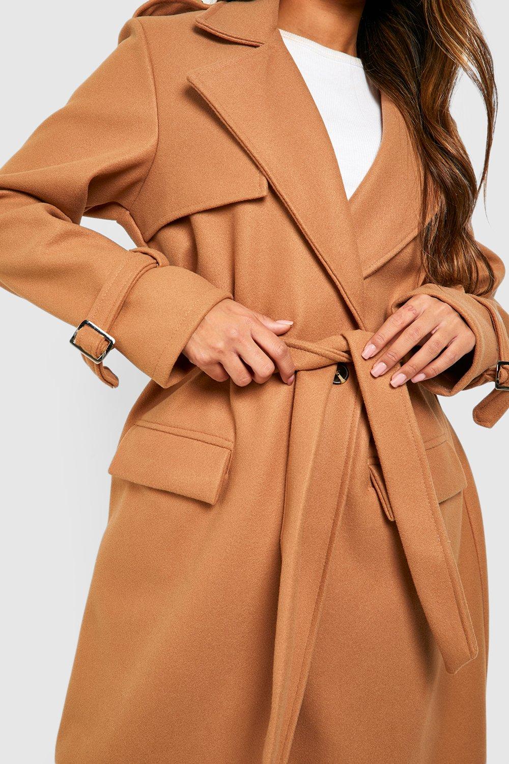 Wool Look Double Breasted Belted Maxi Coat