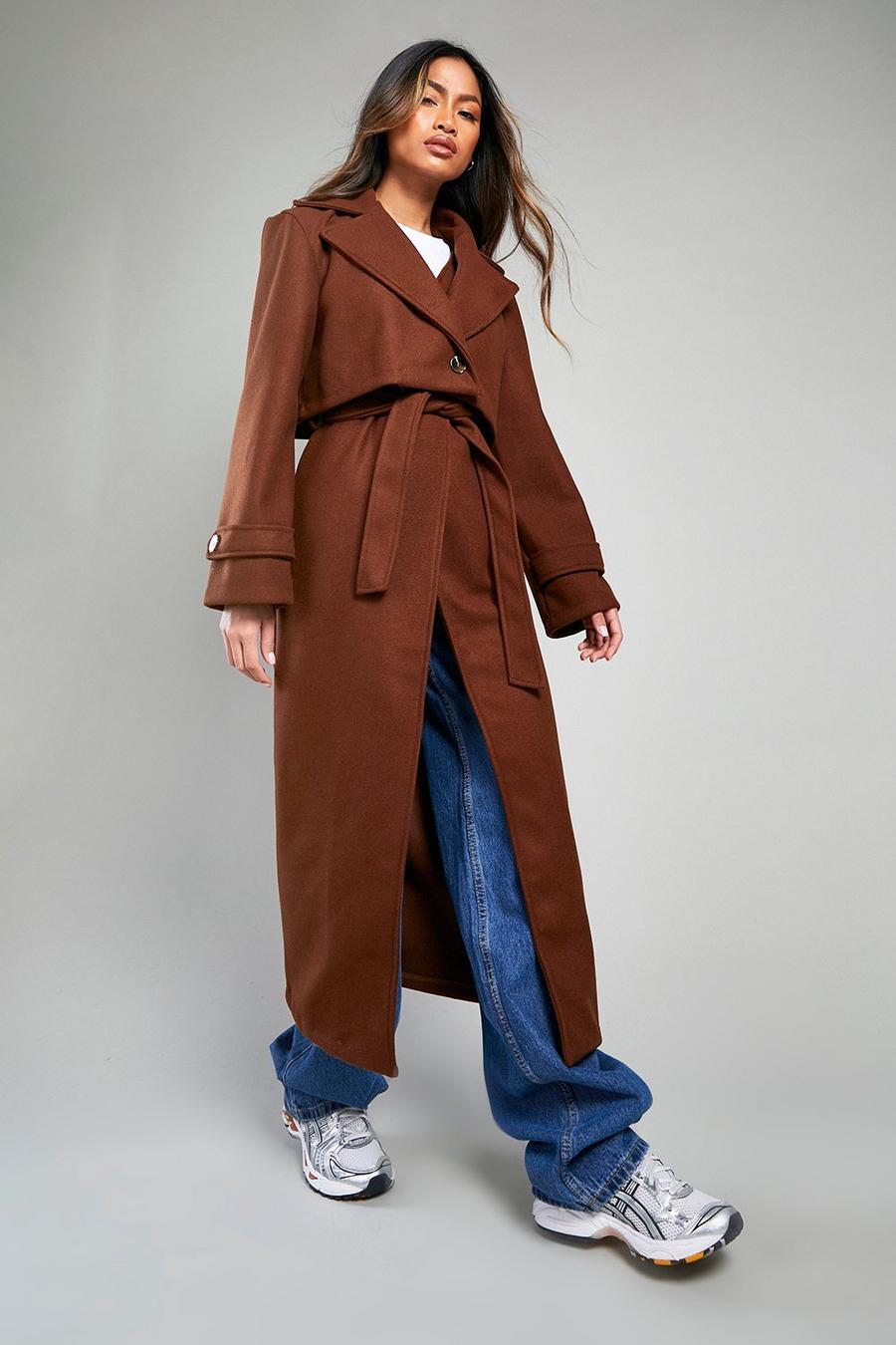 Chocolate Wool Look Oversized Trench Coat  image number 1