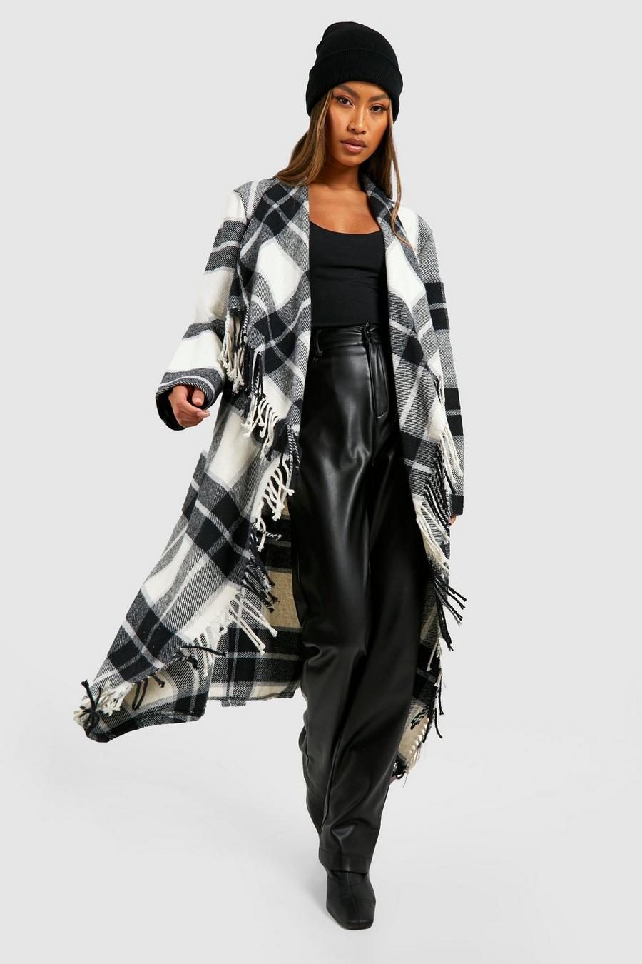 Manteau en laine à franges et carreaux, Black image number 1
