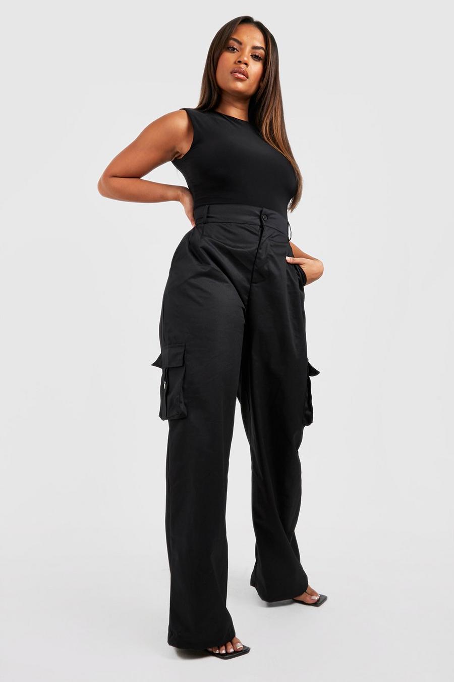 Black מכנסי דגמ'ח בגזרה רחבה עם כיסים, מידות גדולות