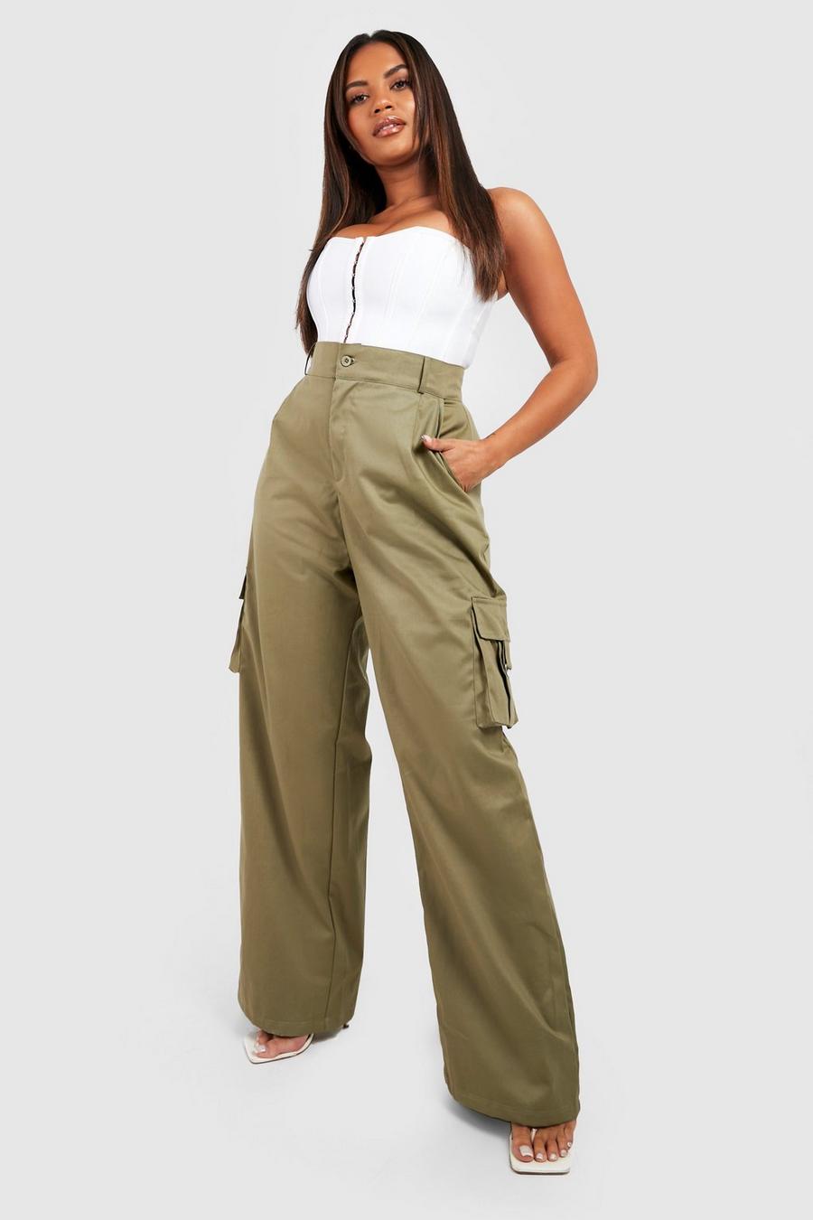Pantaloni Plus Size a gamba ampia con tasche Cargo, Khaki image number 1