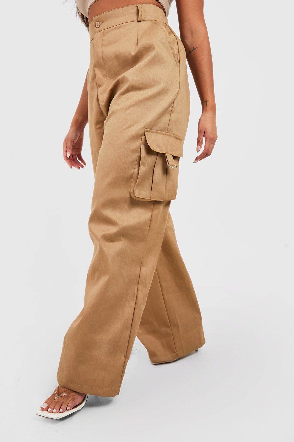 Khaki Wide Leg Pants Unisex Large Pocket Cargo Pants Solid Color