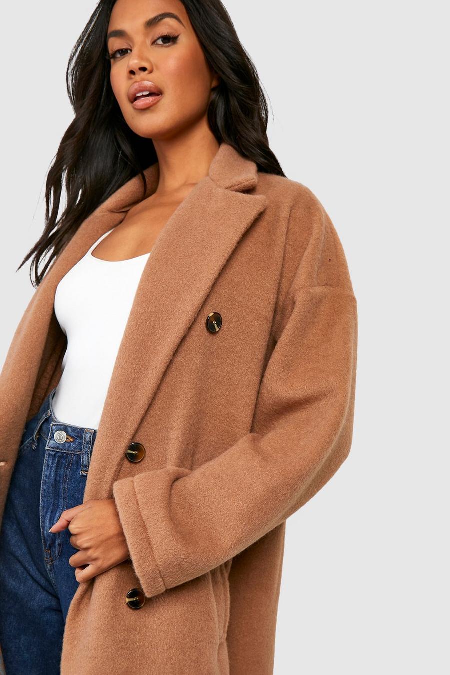 Camel Textured Wool Look Double Breasted Coat image number 1