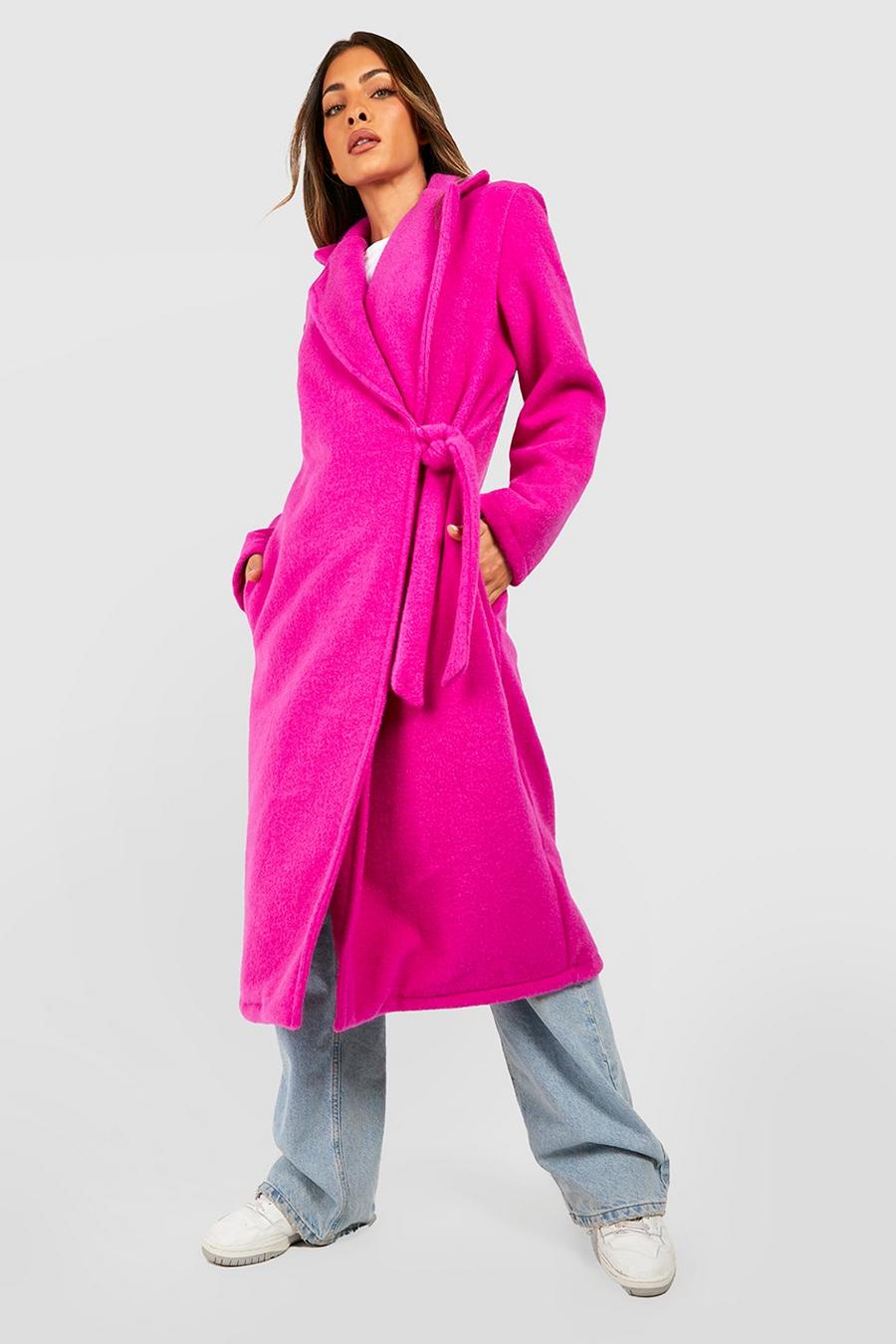 Bright pink rosa Wool Look Textured Side Tie Oversized Coat image number 1