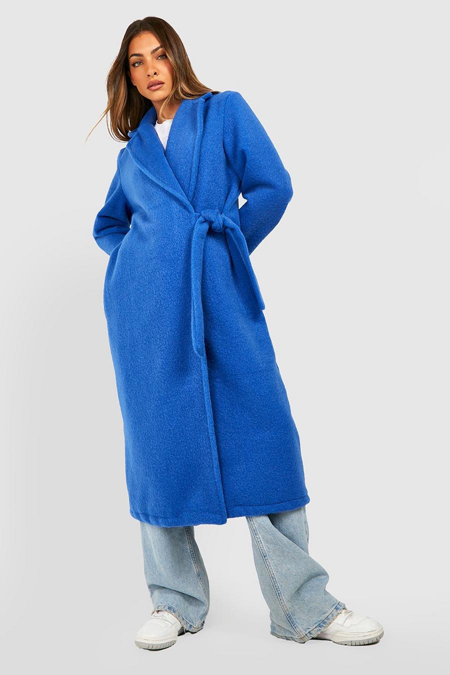 Cobalt azul Wool Look Textured Side Tie Oversized Coat image number 1