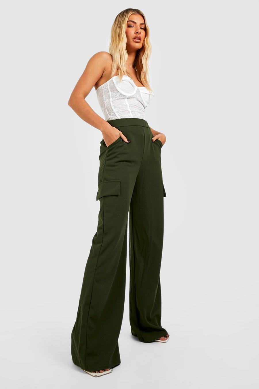 Khaki High Waisted Crepe Cargo Wide Leg Trousers image number 1