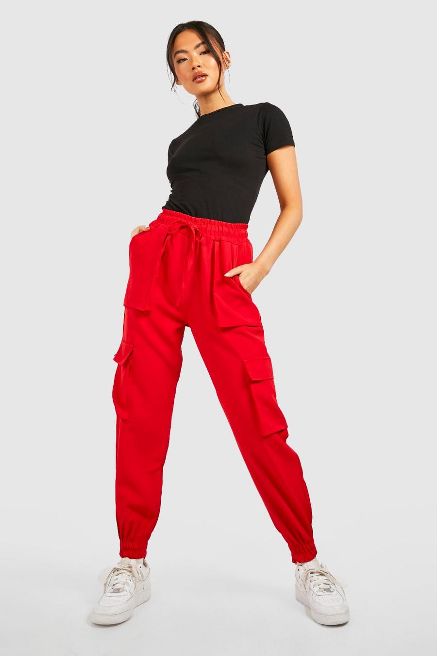 Red High Waisted Woven Cargo Jogger image number 1