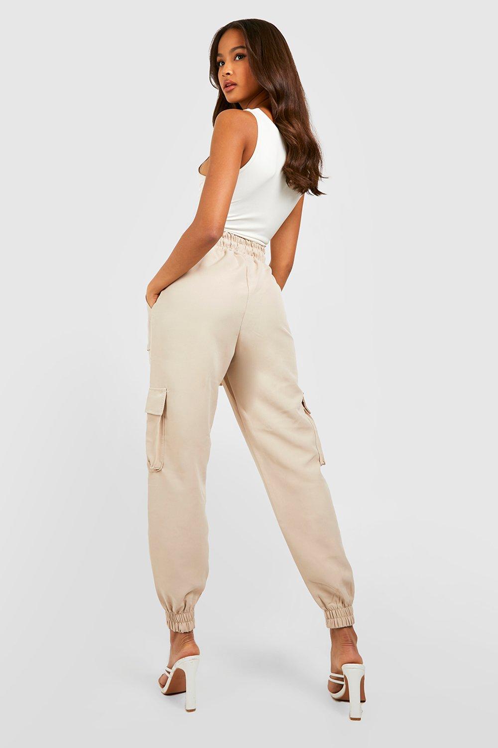 High Waisted Woven Cargo Track Pants boohoo