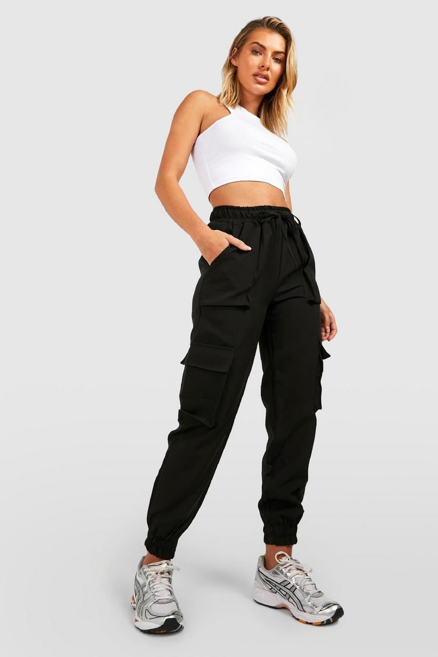 Black High Waisted Woven Cargo Jogger image number 1