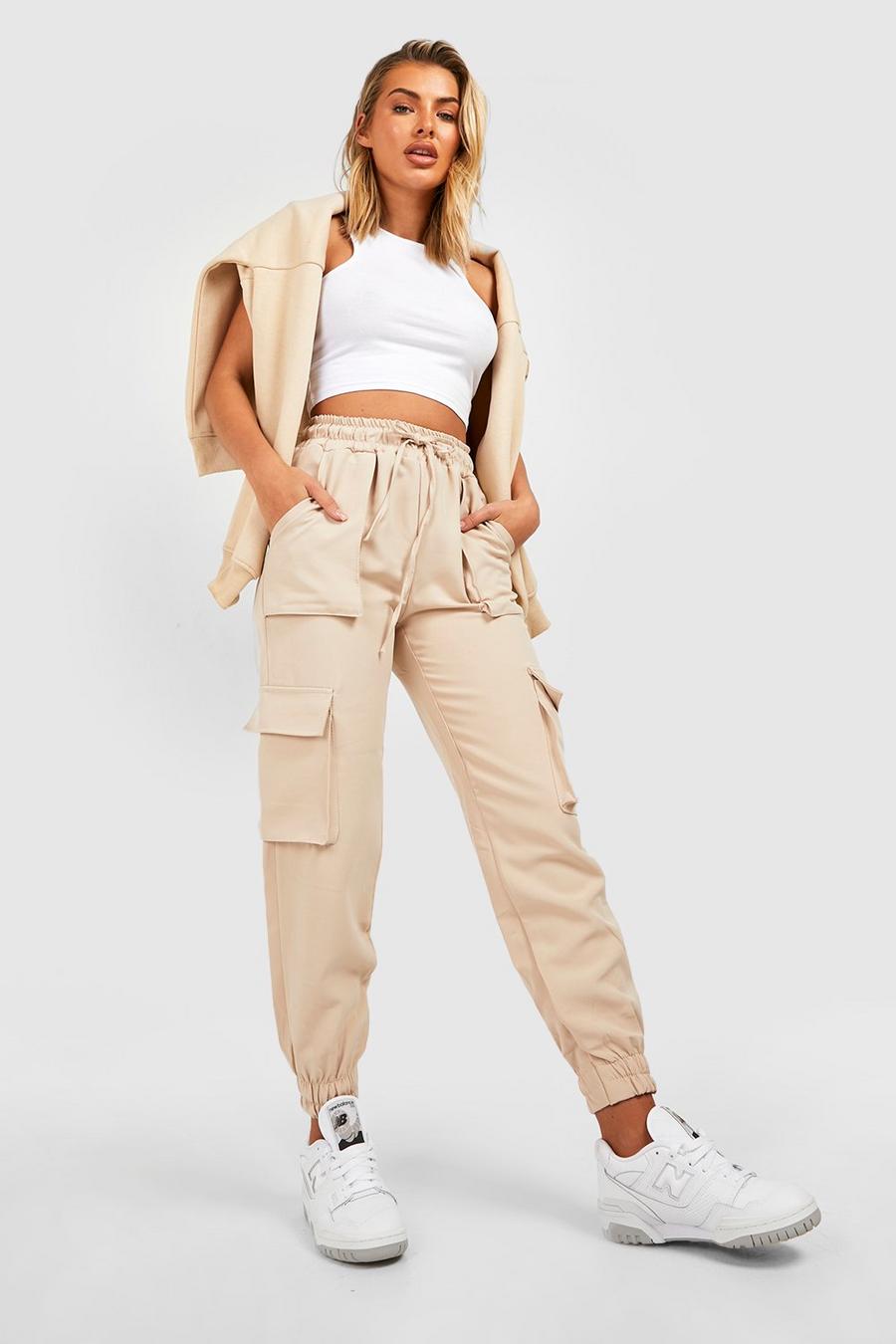 Stone beige High Waisted Woven Cargo Jogger