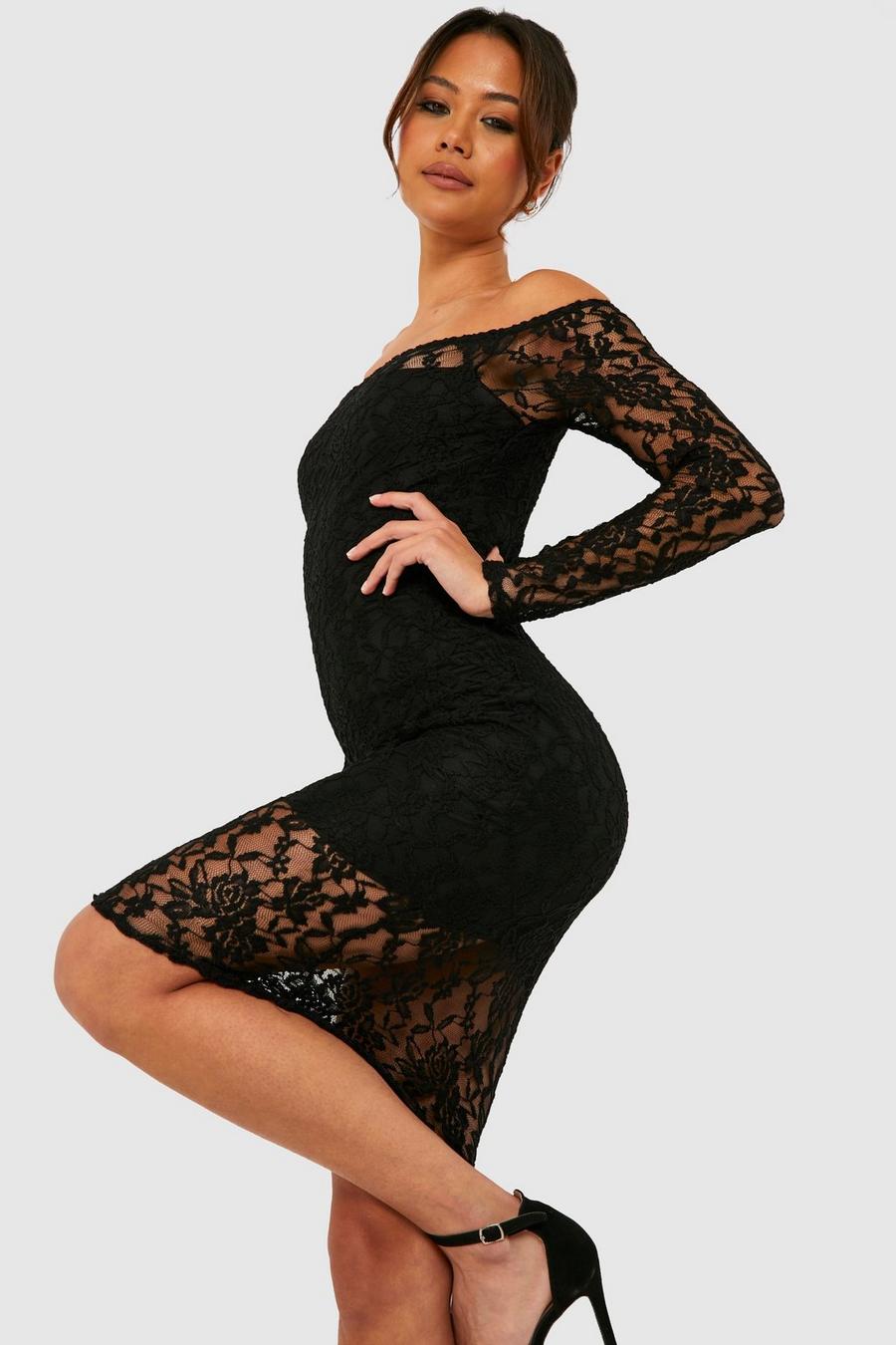 Black Petite Off The Shoulder Lace Midi Dress image number 1