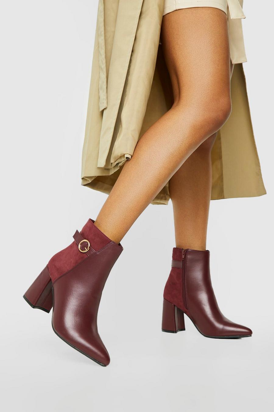 Burgundy red Buckle Detail Block Heel Ankle Boots image number 1