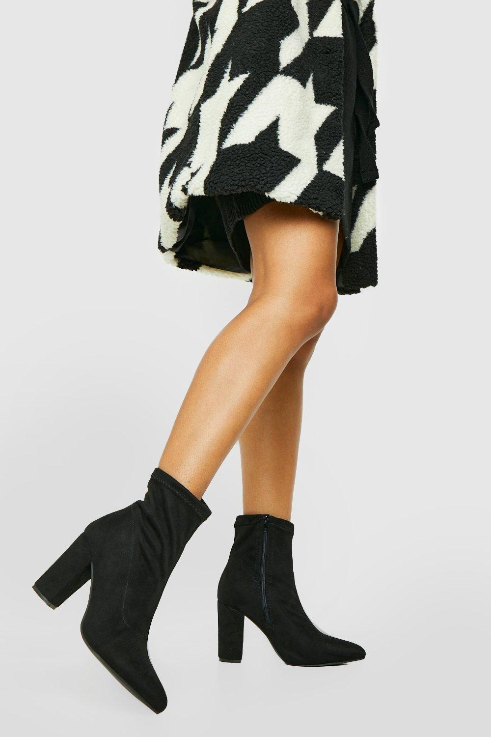 black suede block heel sock boots