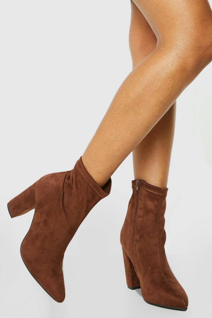 Chocolate marrón Stretch Block Heel Sock Boots image number 1
