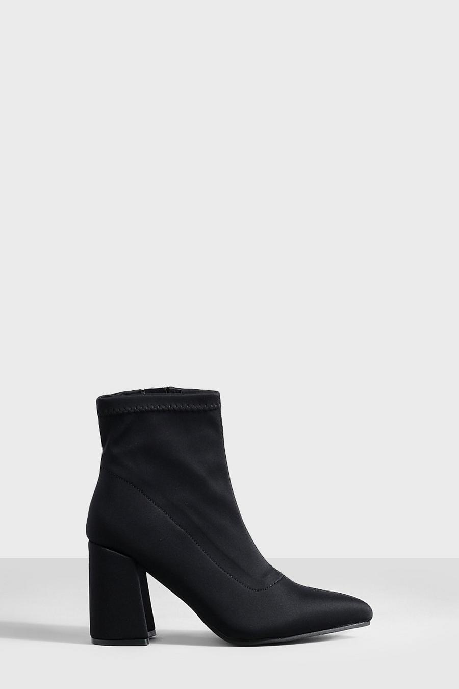 Black Neoprene Block Heel Stretch Sock Boots 