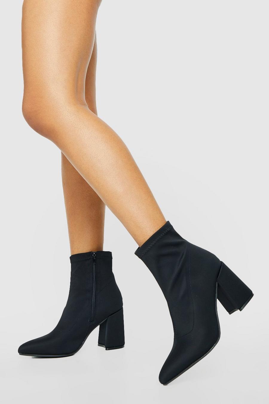 Black Wide Fit Neoprene Block Heel Stretch Sock Boots