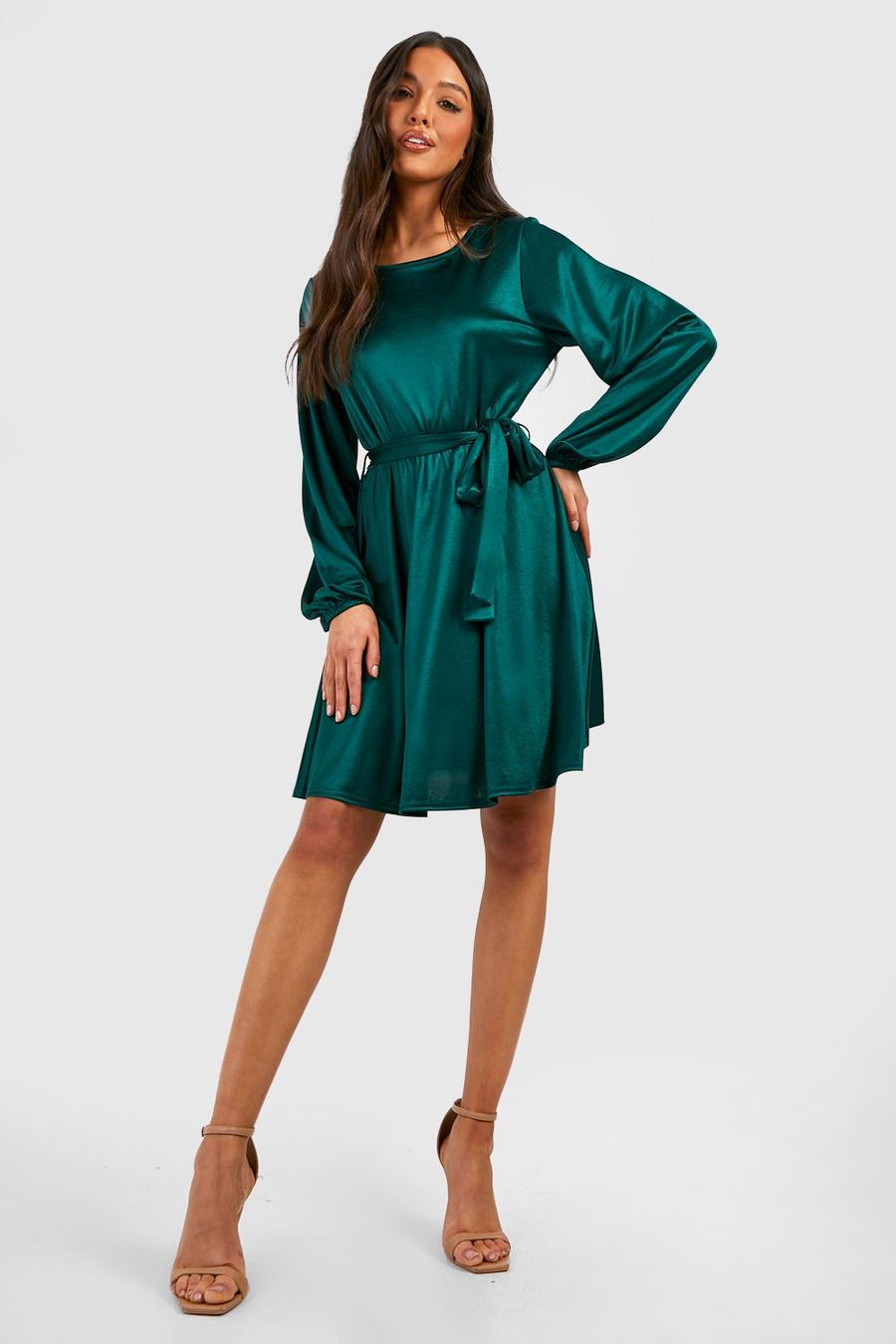 Emerald Satin Slinky Belted Skater Dress image number 1