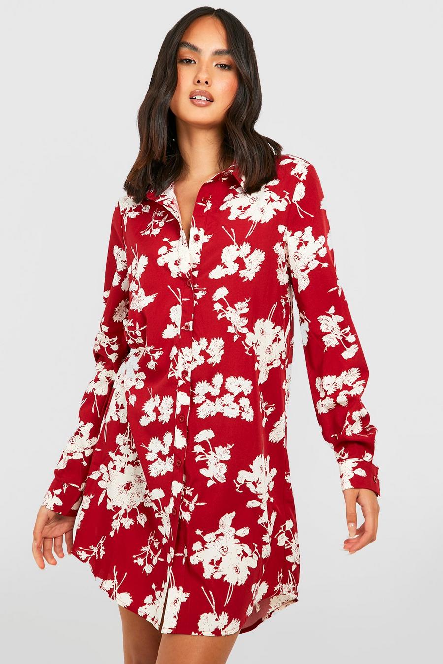 Red Satin Floral Print Shirt Dress