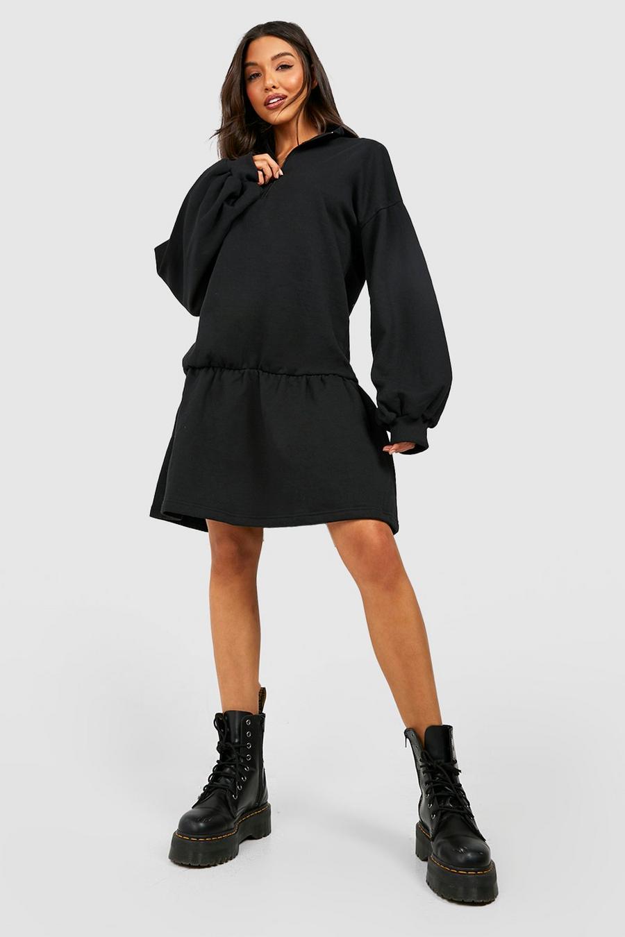 Black Peplum Half Zip Detail Sweatshirt Dress image number 1