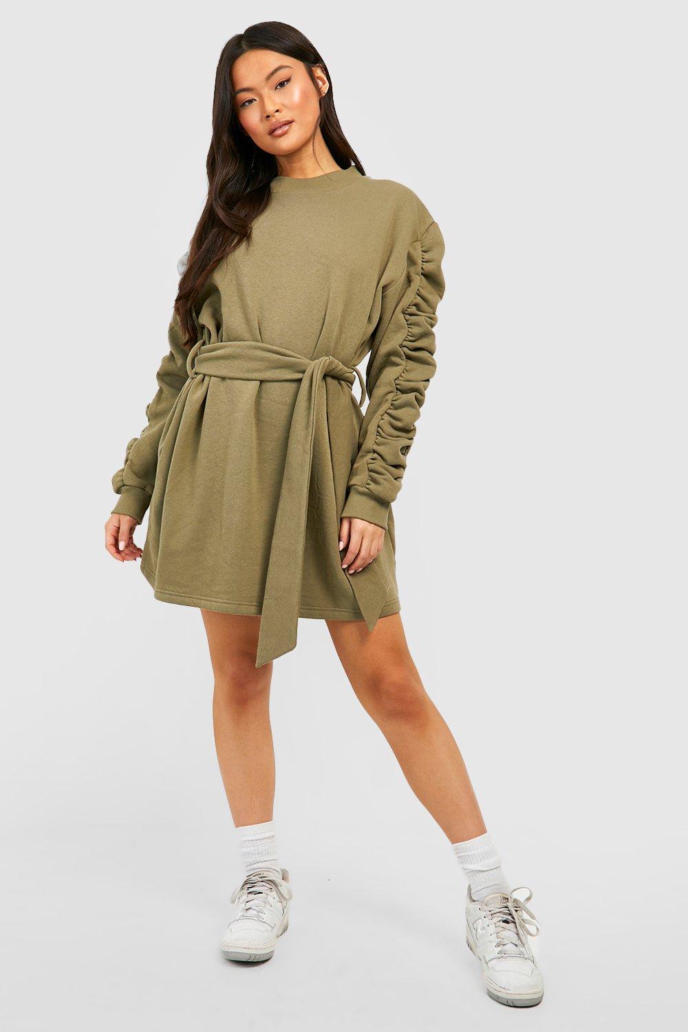 Ruffle Sleeve Belted Sweatshirt Dress boohoo