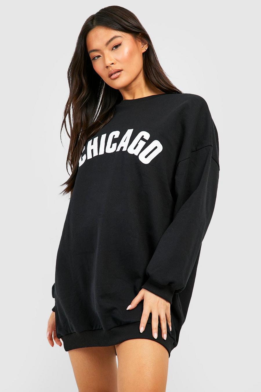Black Chicago Embroidered Sweatshirt Dress