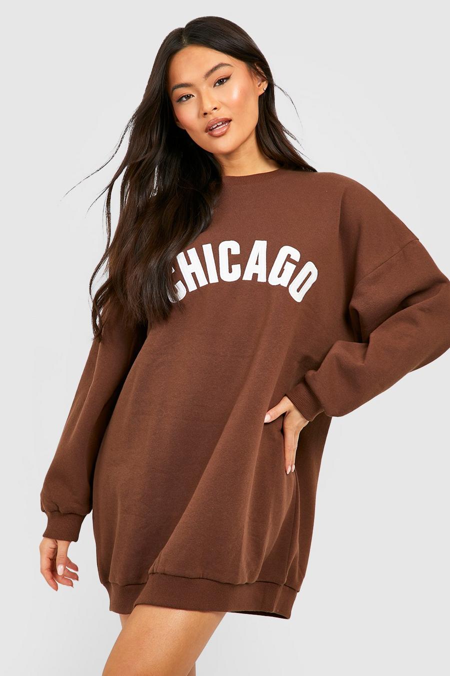 Chocolate brown Chicago Embroidered Sweatshirt Dress image number 1